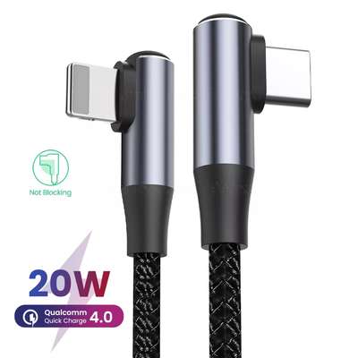 Haakse USB type C - haakse Lightning kabel grijs 2 meter